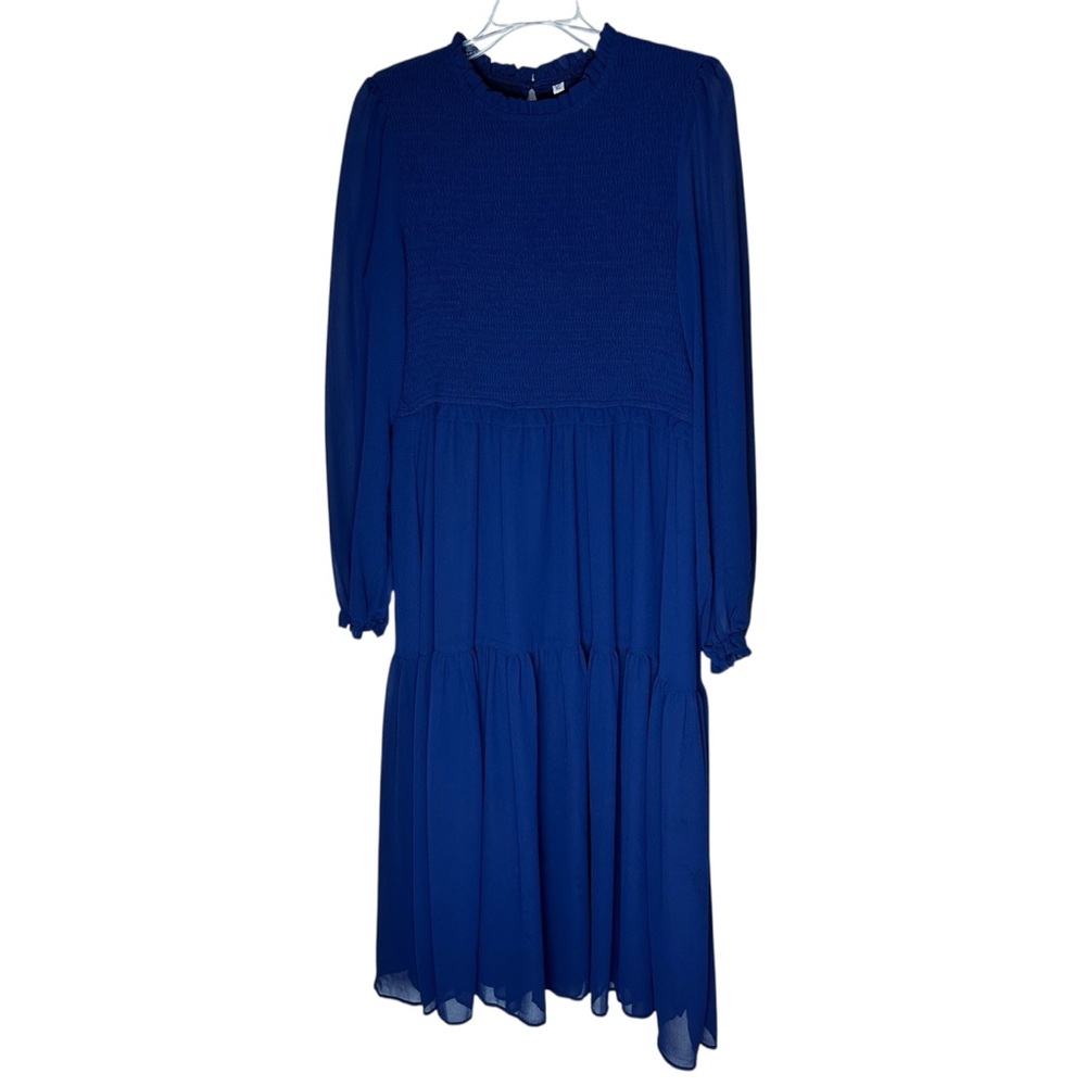 Smocked Tiered Long Sleeve Sheer Overlay Midi Dress XL Modest Cottagecore Blue - Picture 1 of 5